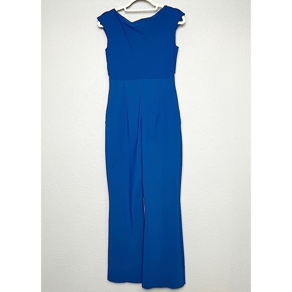 CHIARA BONI Cutout Waist Boatneck Cap Sleeve Flare Leg Fitted Cobalt Jumpsuit 10 - Picture 4 of 7